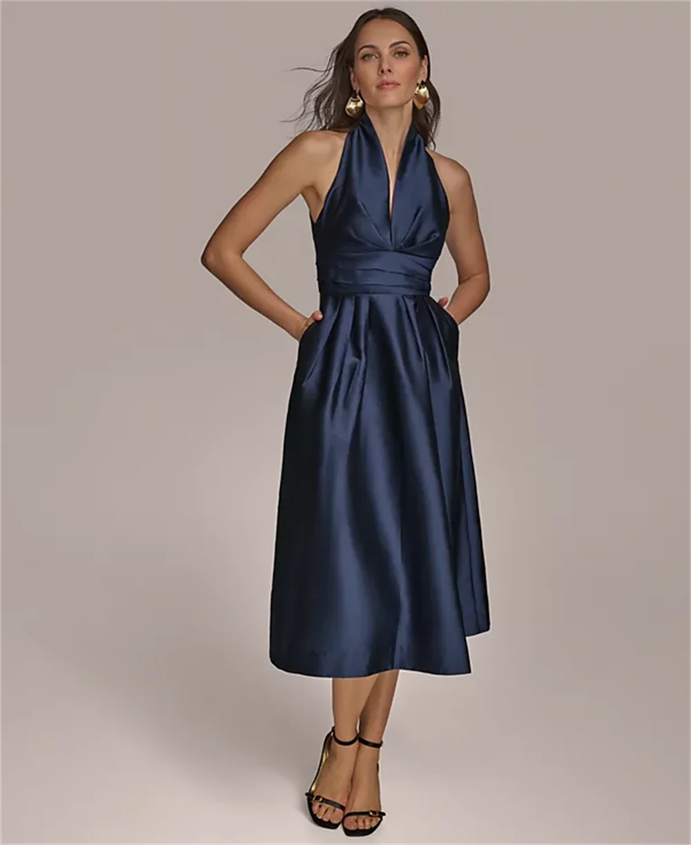 Robe de soirée élégante, col licou, sans manches, plissée, ligne a, robes de bal formelles, fête, Cocktail, Banquet, robe d'invitées de mariage, personnalisée