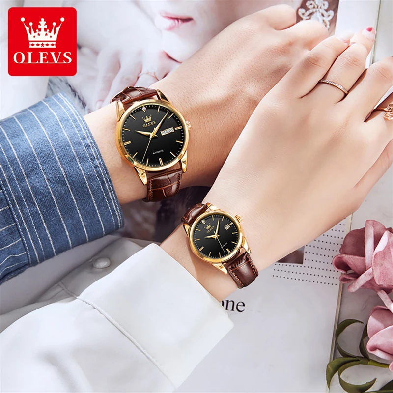 Olevs Merk Luxe Automatische Koppels Horloge Voor Mannen Vrouwen Mode Lederen Waterdichte Mechanische Horloges Casual Paar Klok