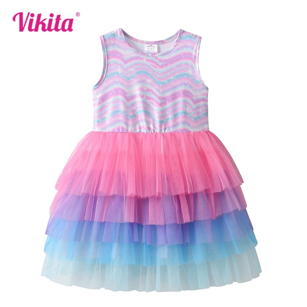 

VIKITA Girls Sleeveless Summer Dress Kids Striped Print Dresses Girls Layered Tulle Mesh Cake Birthday Party Tutu Dresses 3-12Y