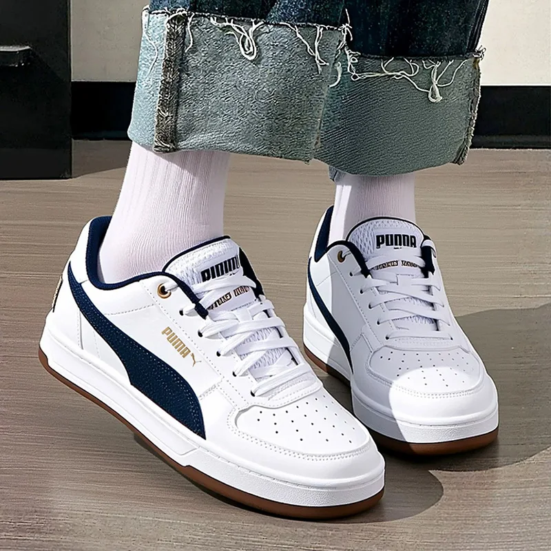 PUMA White Navy Gold Logo Leather Gum Sole Retro Casual Skate Sneakers 395082-01