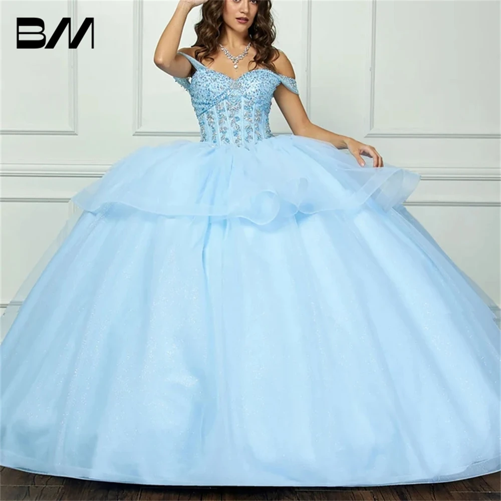 Vestido de Quinceañera con capas de tul brillantes, corpiño con hombros descubiertos, adornos, corsé con hombros descubiertos, vestido de cóctel, graduación, Gwon