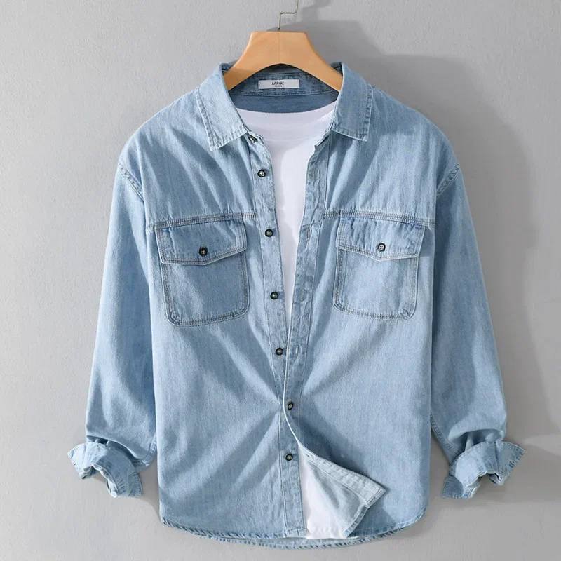 

Spring Fall New Denim Shirt Men Casual Workwear Tops Double Pockets Long Sleeve Blue Jean Shirts Male Korean Retro Cowboy Shirt