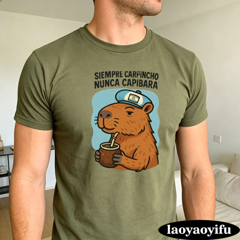 Cartoon Capybara Mate Cup Siempre Carpincho Summer Men Cotton T-Shirt Latin Culture Cute Graphic Short Sleeve Blouse