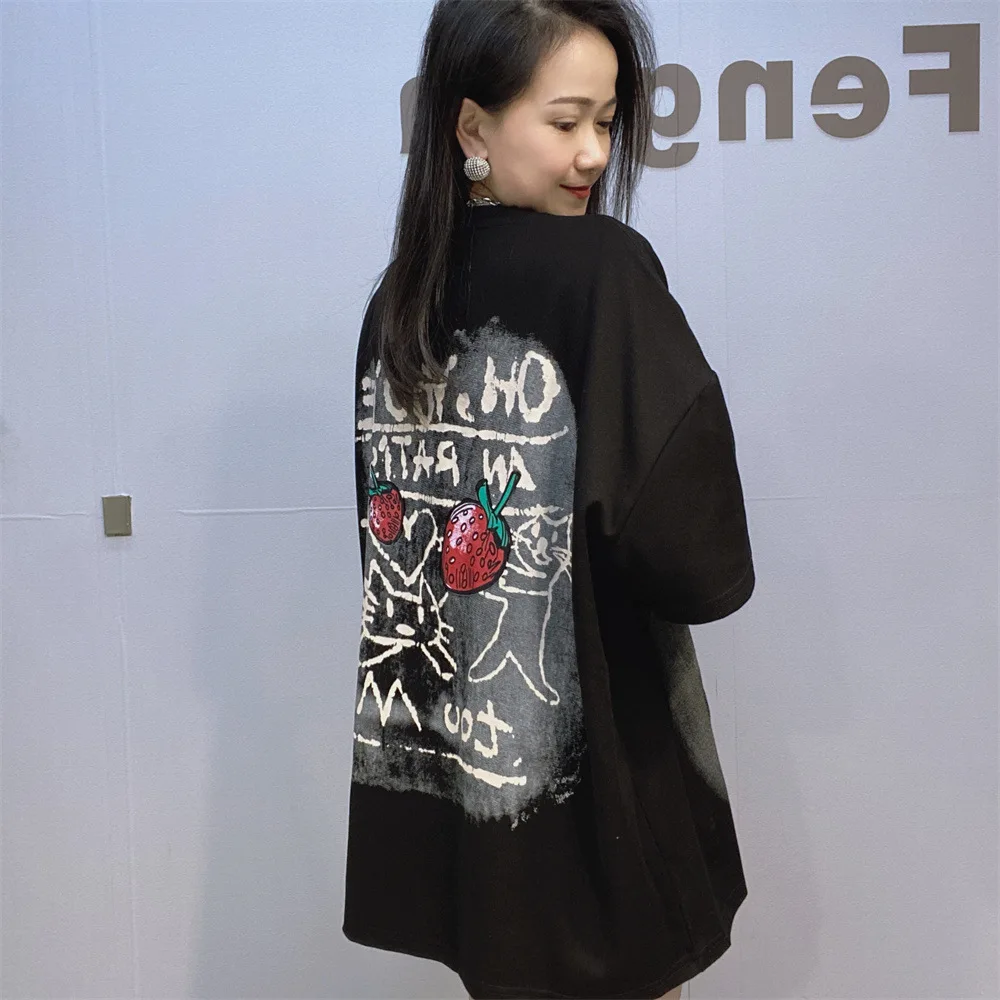 2025 New Spring Fashion Loose Women Short Sleeve T-shirt Thicken O-neck Pullover Top Gradient Cartoon Sequin Oversize Cotton Tee