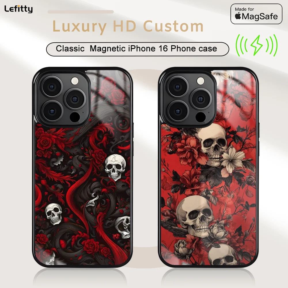 

Luxurious skull pattern Phone Case For iPhone 16 15 14 13 12 11 Pro Max Plus Mini Magnetic Magsafe Wireless Charging Cover