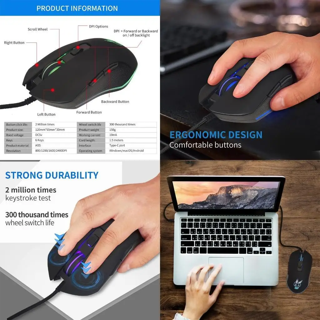 652F USB C Mouse with LED Backlight 2400DPI Type C Mouse for PC laptop