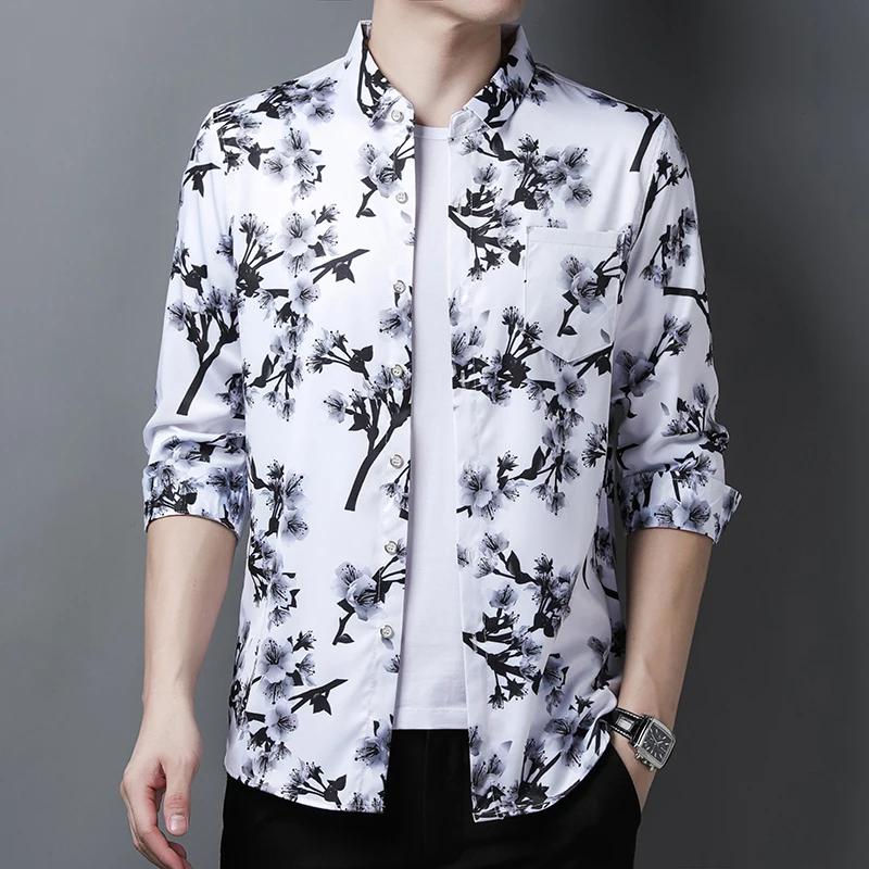 Chinese Style Ink Floral Printing Shirt Men Casual Long Sleeve Spring High Quality Smooth Comfortable Gentleman Camisa Masculina