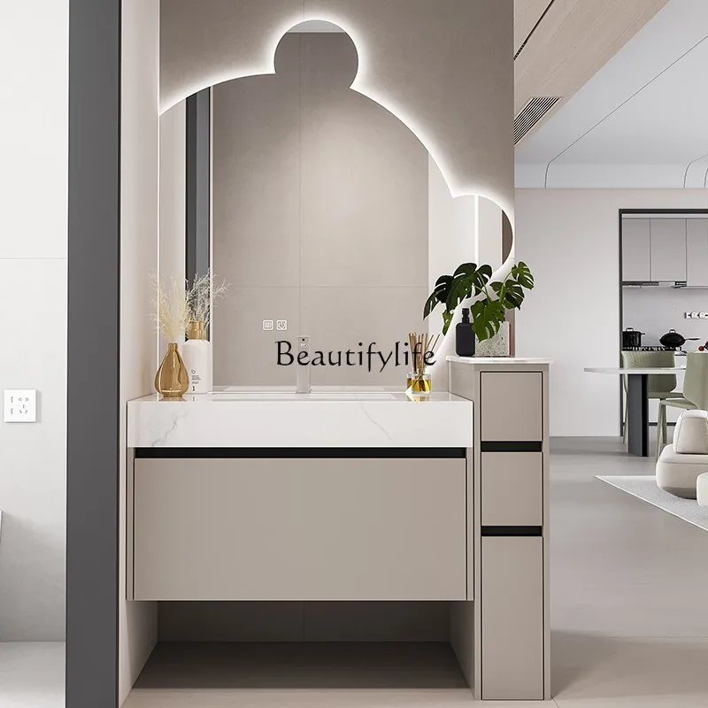 

Light luxury rock slab bathroom cabinet combination modern simple oak bathroom washstand