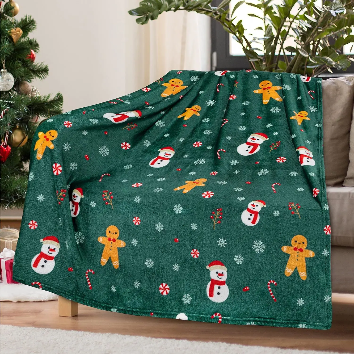 Customized blankets Christmas Gingerbread Throw Blanket | Green Holiday Christmas Fleece Blanket |  Warm Winter Cabin Throw