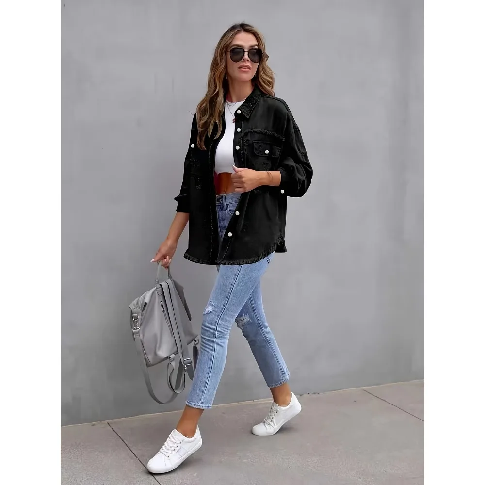 Lazy hole denim jacket women's multi-pocket lapel long-sleeved jacket, street fur hem hole lapel long-sleeved cardigan jacket