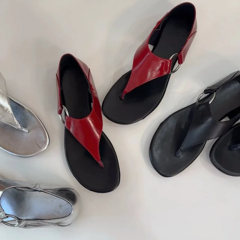 

Retro Lazy Style Cowhide Sandals Women's Shoes Thong Wedge Low Heel Versatile Outdoor Fashion Slippers Piel Auténtica HQ60XZ