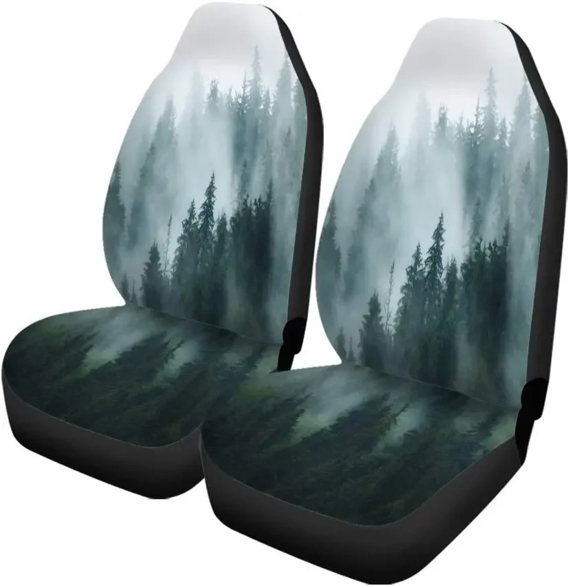 Car Seat Covers Green Misty Landscape Fir Forest in Hipster Vintage Retro Set of 2 Auto Accessories Protectors Car