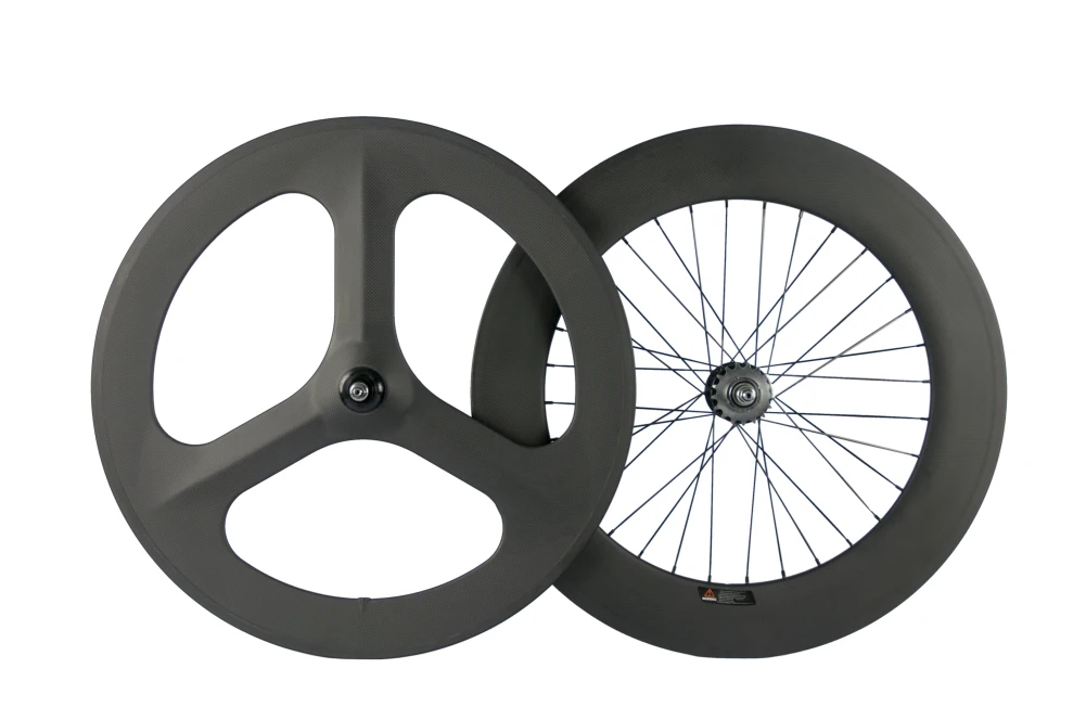 700C Fixed Gear Carbon wheelset Front tri spoke + Rear 88mm Track Wheels Clincher Bicycle Wheel or Wheelset for option