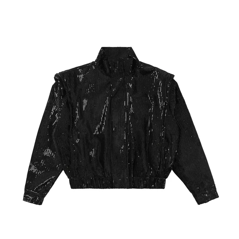 2024 Spring New Fashion Sequined Jacket Men's Personality Double Layer Padded Shoulder Loose Comfort High-End Trendy Male Tops