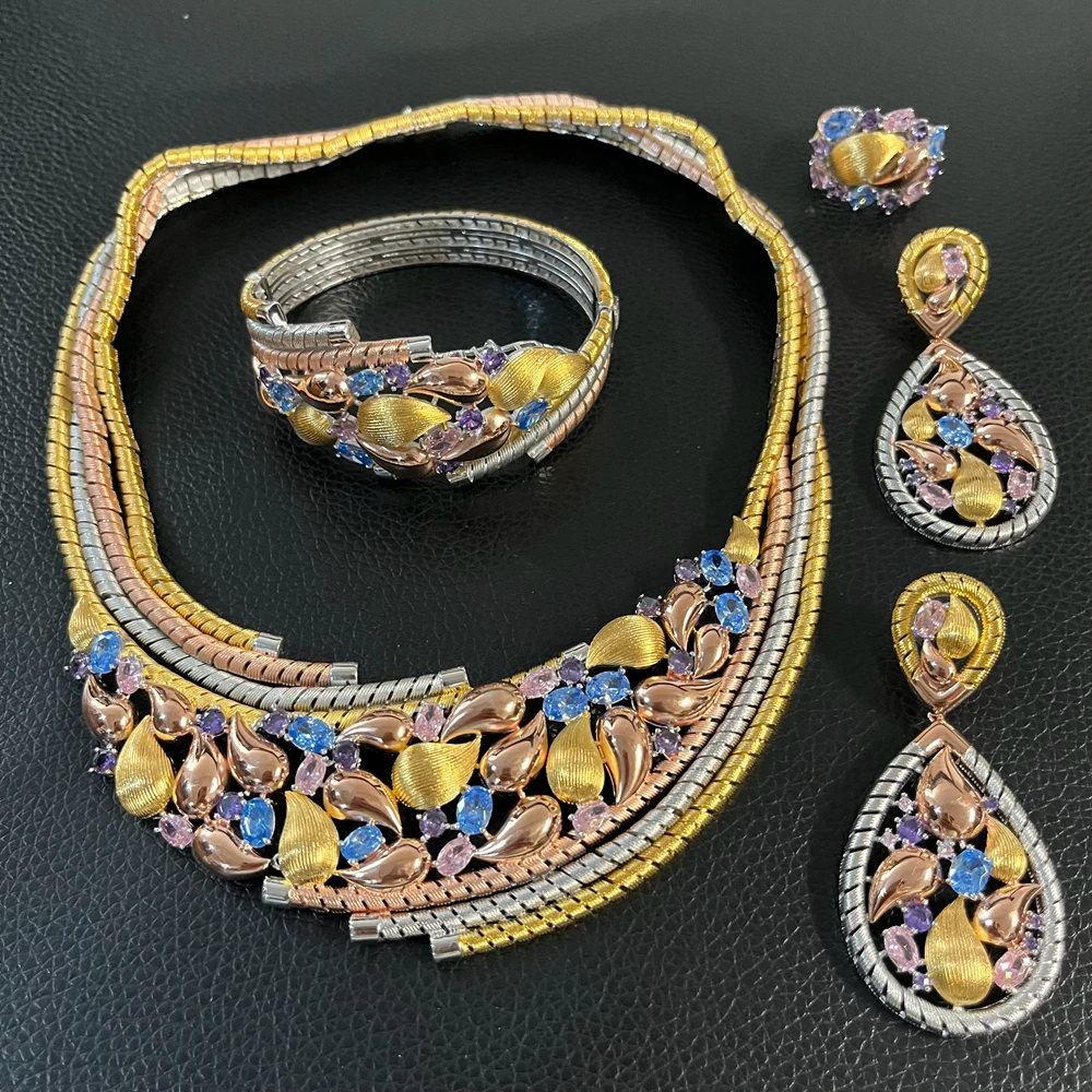 4Pcs Multi-Color CZ Jewelry Set Teardrop Statement Necklace Earrings Bracelet Ring American Diamond Style Bridal Accent