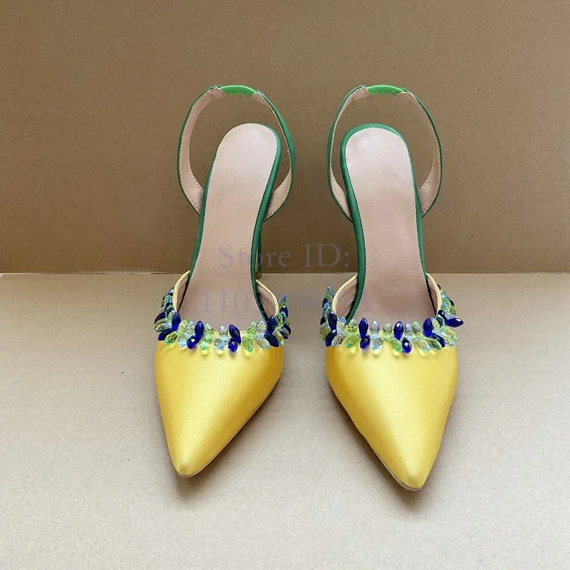 Crystal Pointed Toe Thin High Heels Pumps Satin Yellow Elegant Stilettos Sandals Slip-on 2025 Women Summer Vintage Dress Shoes