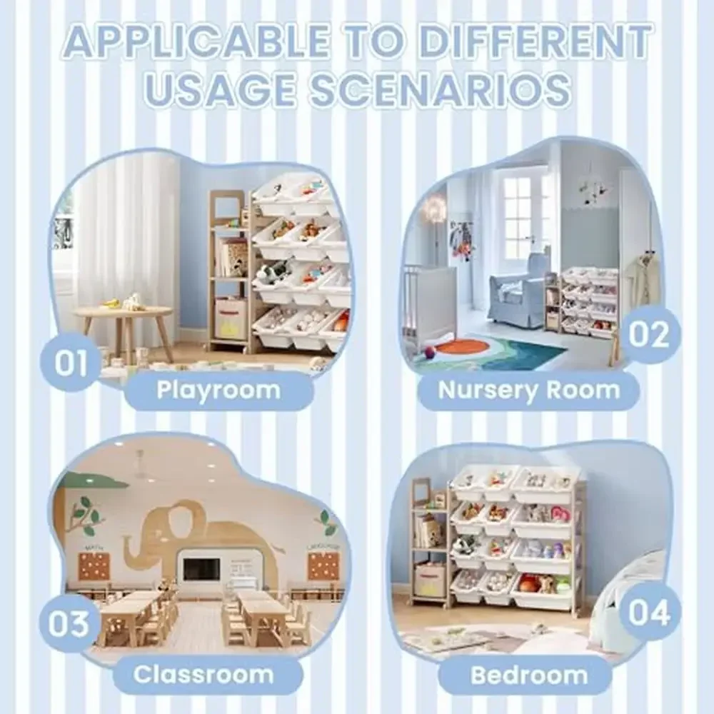 Scaffale portaoggetti per giocattoli con 3 ripiani e 12 contenitori portaoggetti Scaffale per bambini dal design in legno massello di pino Stile moderno Durevole a strati