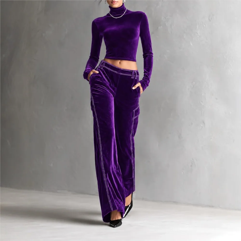 Women's Velvet 2 Piece Set Fall Winter New Slim Fit Long Sleeve Crop Top + Loose Wide Leg Pants Elegant Office Matching Outfit
