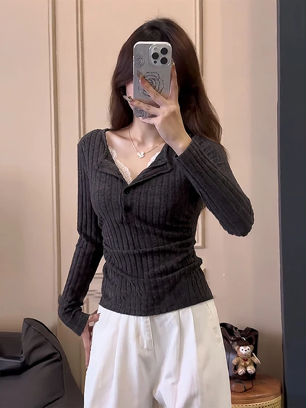 

Кружевная футболка больших размеров V-Ne Long Sve ort Sle, женская осенняя мода, дизайн с скрытым животом, базовый слой, топ