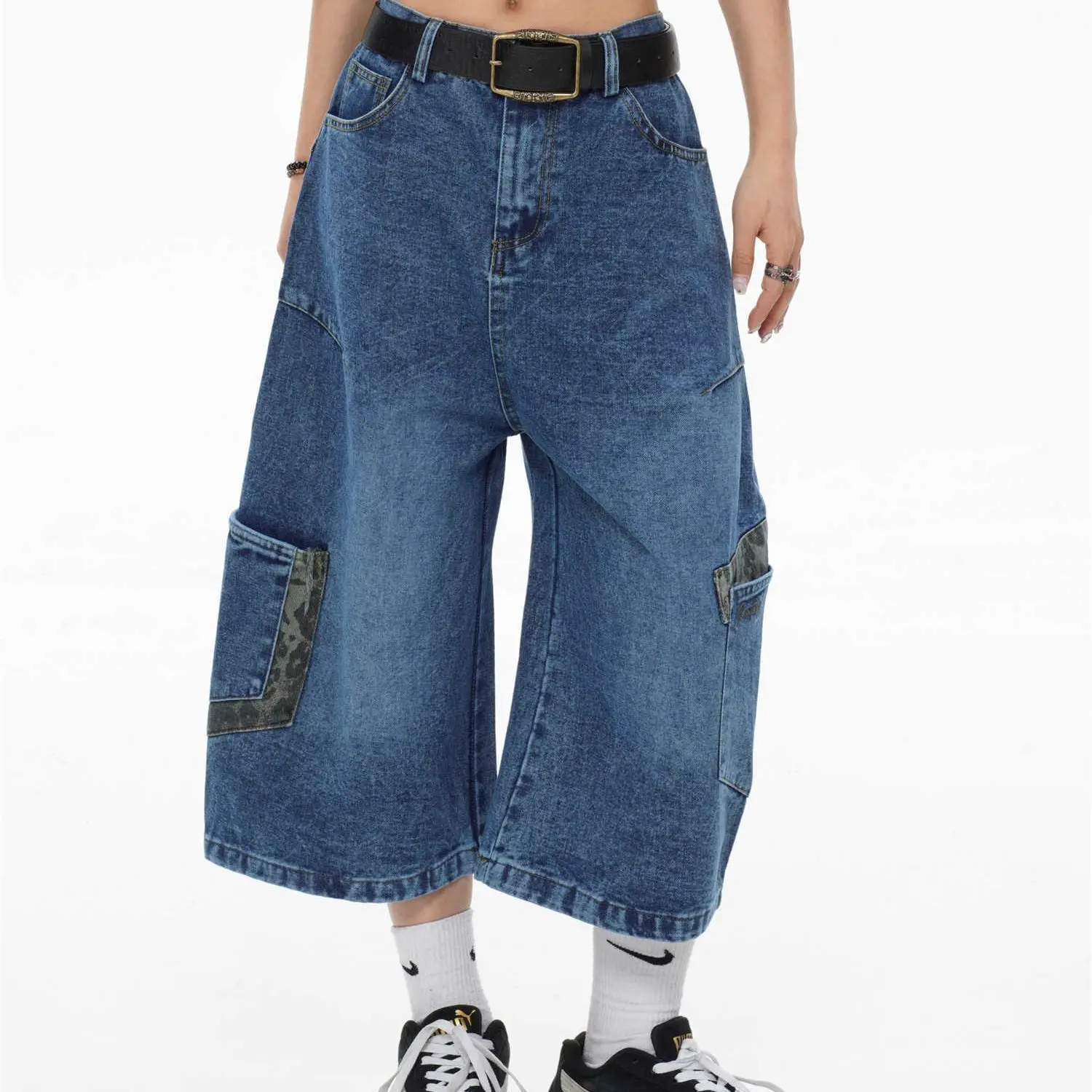 Men's Leopard Print Patchwork Pocket Wide Leg Cropped Pants Summer Jeans Boys Casual Vintage Bottom Male High Waist Denim Shorts