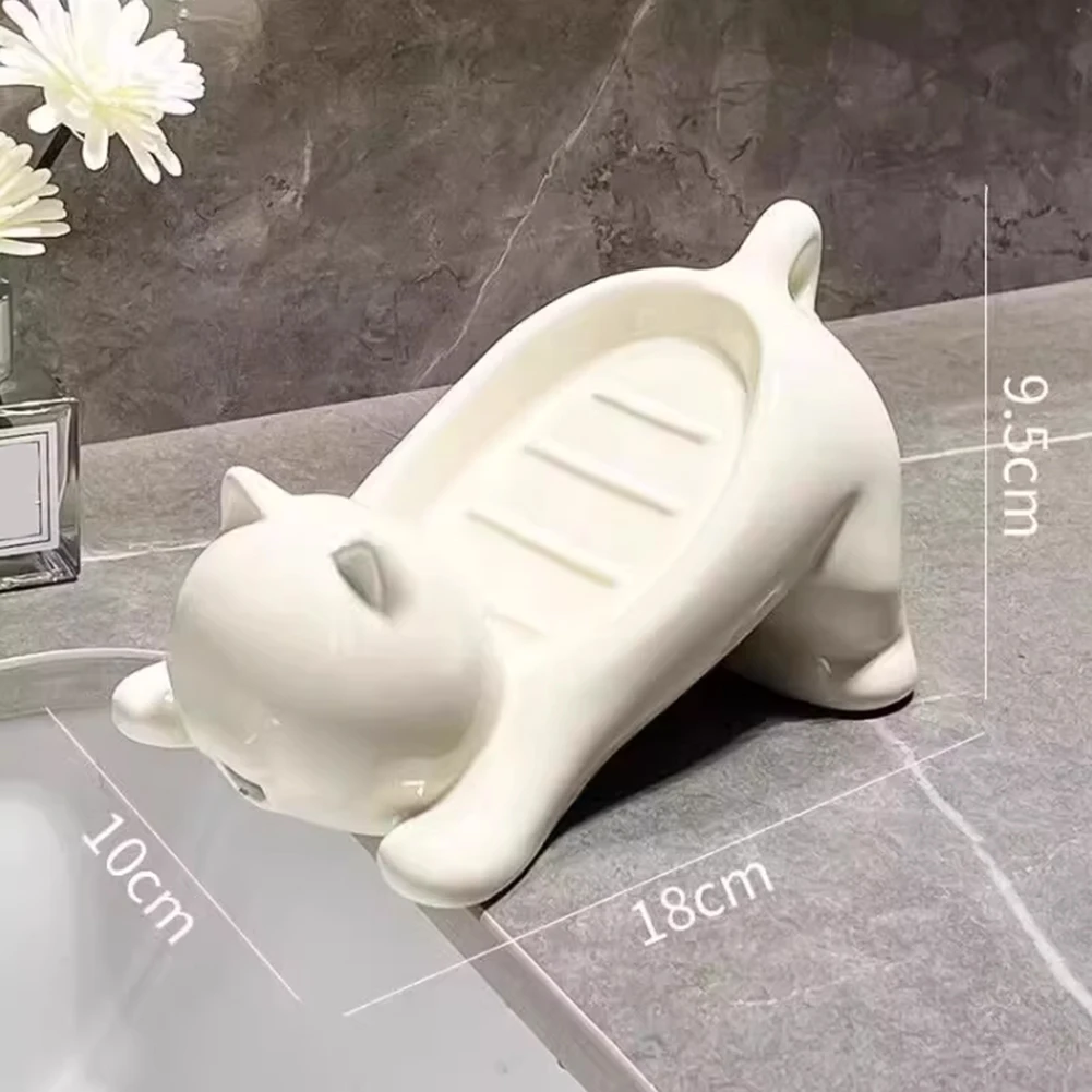 2pcs Cute Cat Soap Dish With Drainage System Smooth Plastic Bathroom Sink Organizer For Bar Soap White