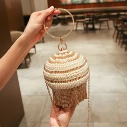 Full Pearl Diamonds Evening Bags Acrylic Round Rhinestones Clutch Bags Ring Handle Metal  Luxury Prom Wedding Dinner Handbags