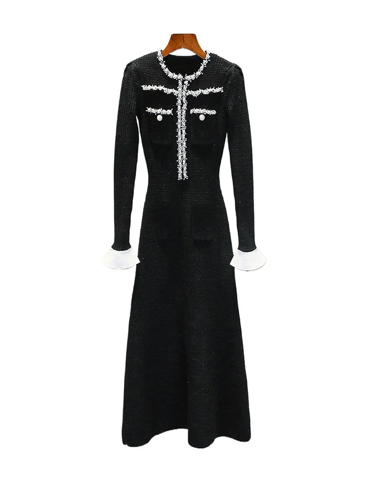 Vestido de malha de cintura alta da primavera, vestido longo f e com pérolas, estilo , manga crida
