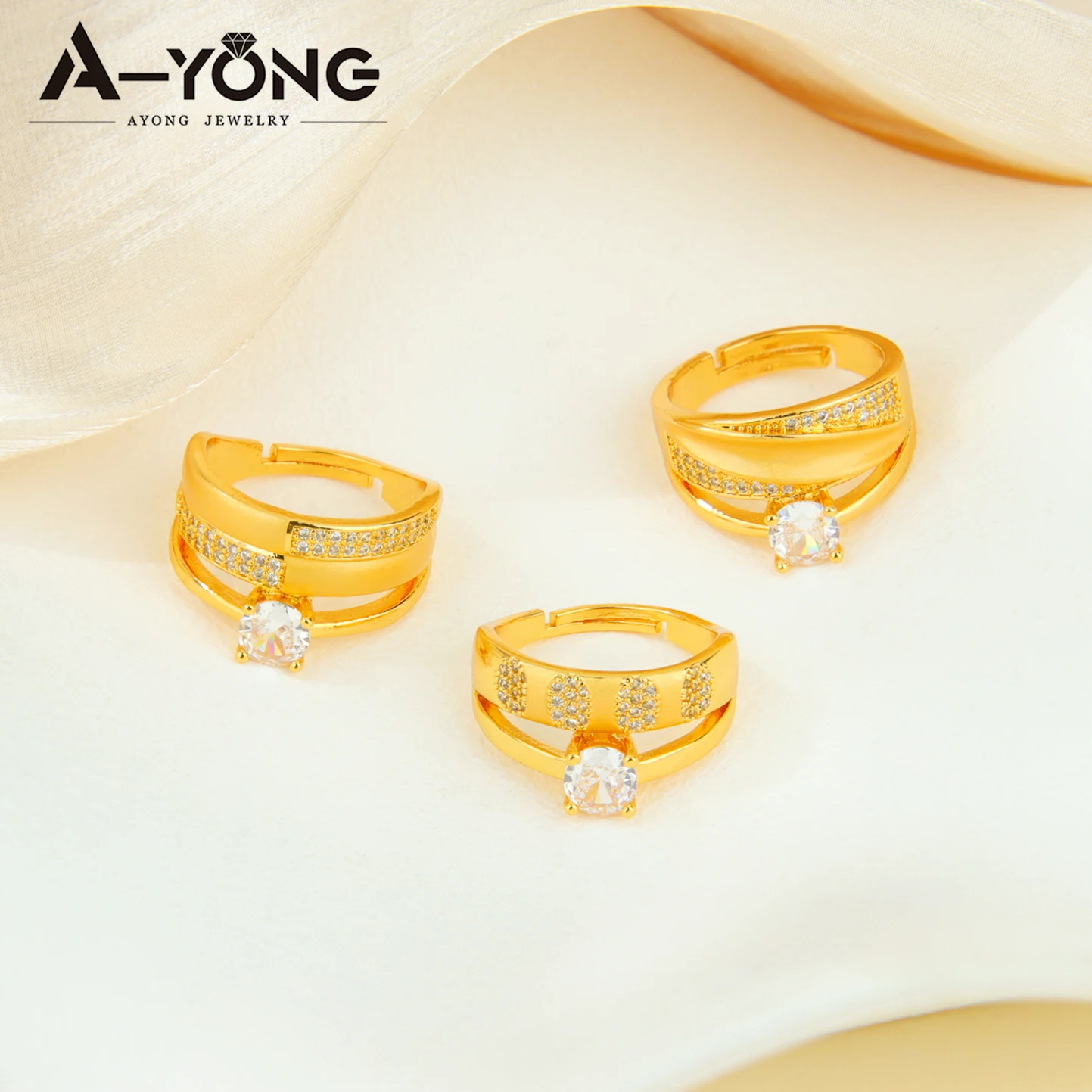 Dubai Mode Kubische Zirkonia Ringe 21k Vergoldet Arabische Braut Hochzeit Luxuriöse Paarringe Nigeria Damen Party Schmuck – Detail 6