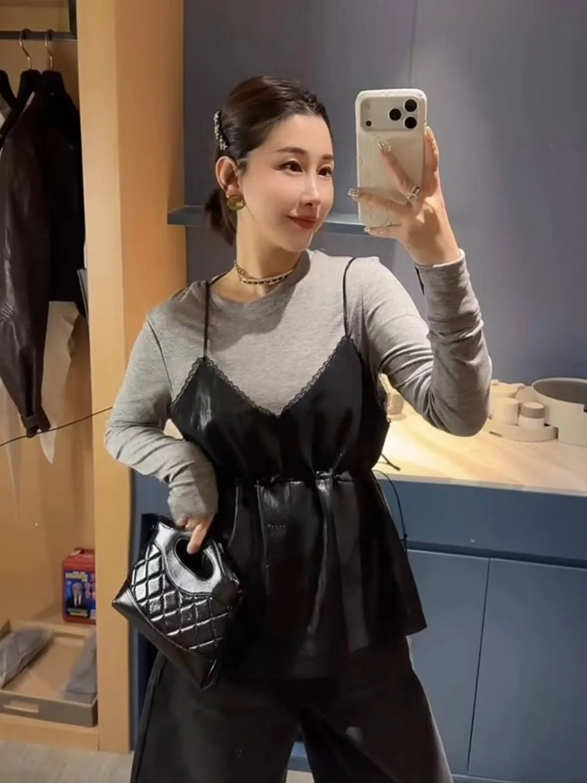 

2025 New Sle Women's eepskin Vest Svel Crop Top Slimming Versatile Faionable Leather Tank Top Commute Sle