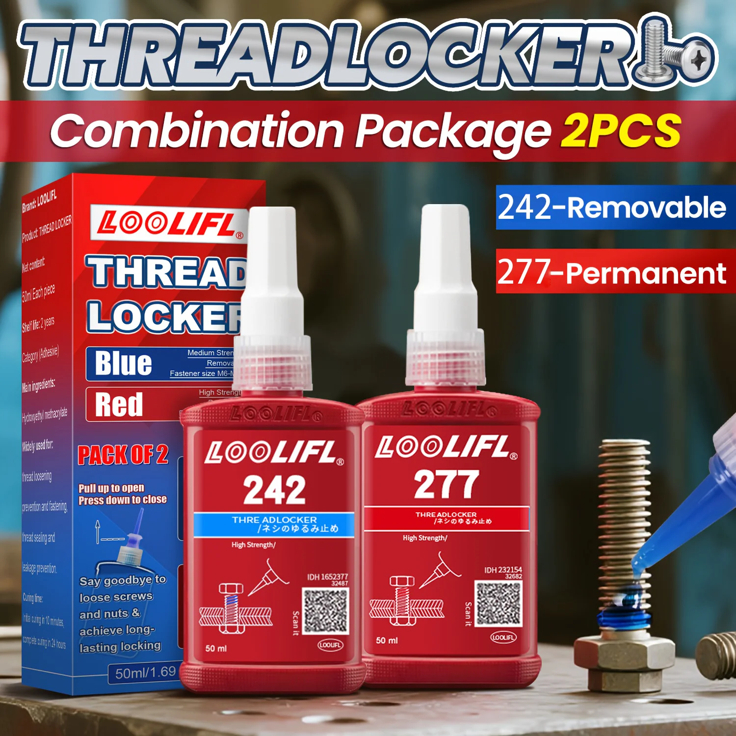 Blauer Schraubensicherungskleber 243 242 277 272 Hochfester Schraubenkleber Schnell Aushärtendes Gewindesicherungsmittel Anaerober Klebstoff Anti-Lose