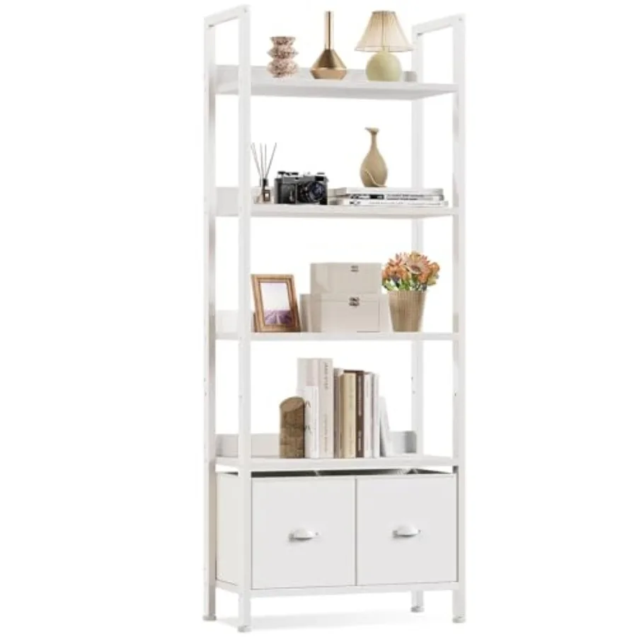 

5 Tier Bookshelf with Drawers White Tall Bookcase with Shelves Wood and Metal Bookshelves Storage Organizer Modern Display Free