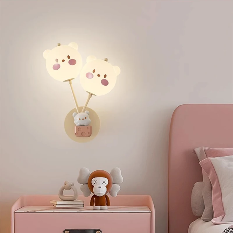 Lampu dinding kamar anak-anak lucu, lampu bola Dudu bulat merah muda, lampu kamar tidur putri hangat romantis Modern