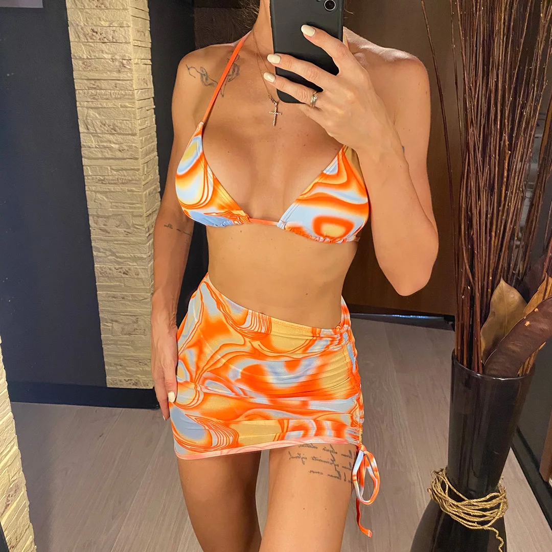 Mit Rock, Batikmuster, Neckholder, hoch geschnittenem Bikini, Damen-Badebekleidung, dreiteiliger Bikini-Set, Badeanzug, Badebekleidung, Schwimmbekleidung V4717 – Detail 3