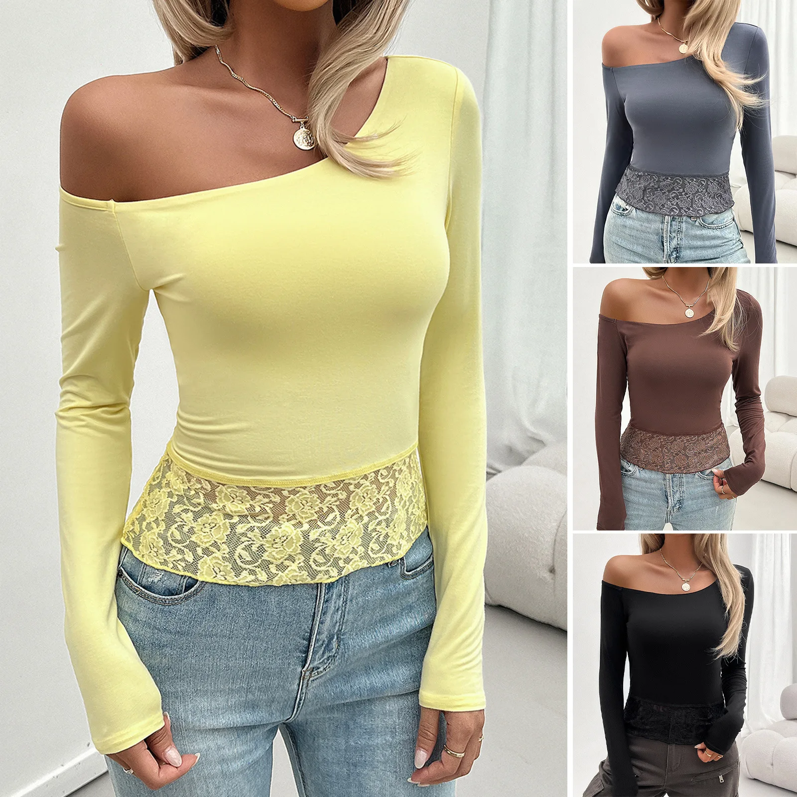 Women's Top With Sleeves Spring Summer Female Solid Color One Shoulder Bottoming Shirt Lady's Flower Lace Transparent Top