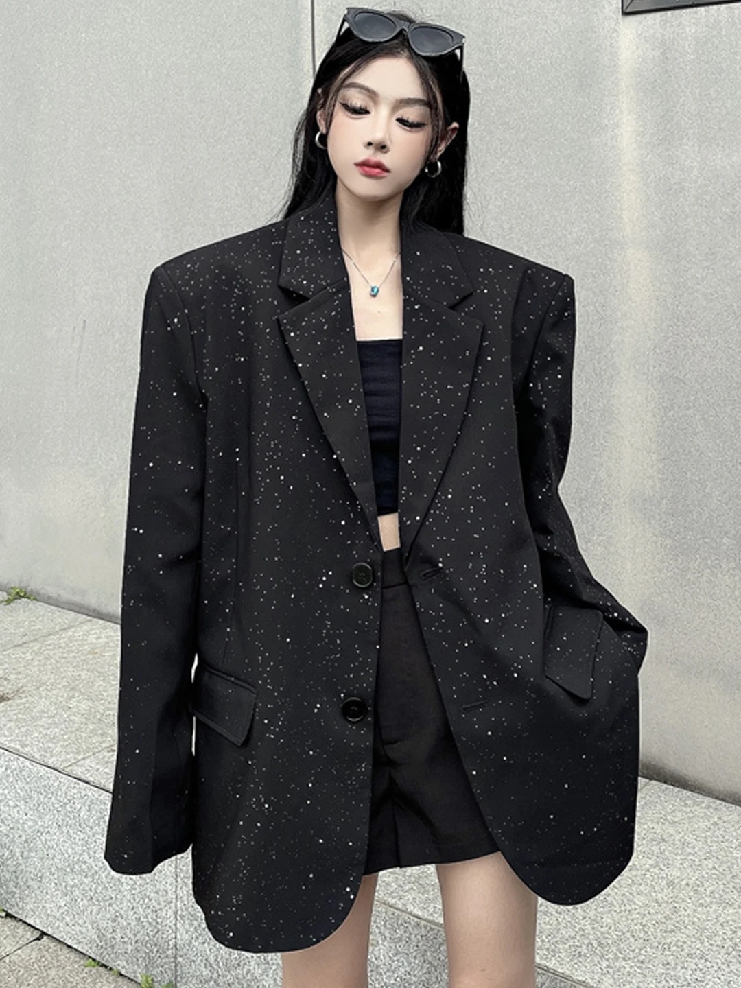 

Модный женский пиджак с блестками, свободный крой, весна 2026, темно-серый, в стиле «сладкий шик», дизайнерская верхняя одежда с эффектом пудры