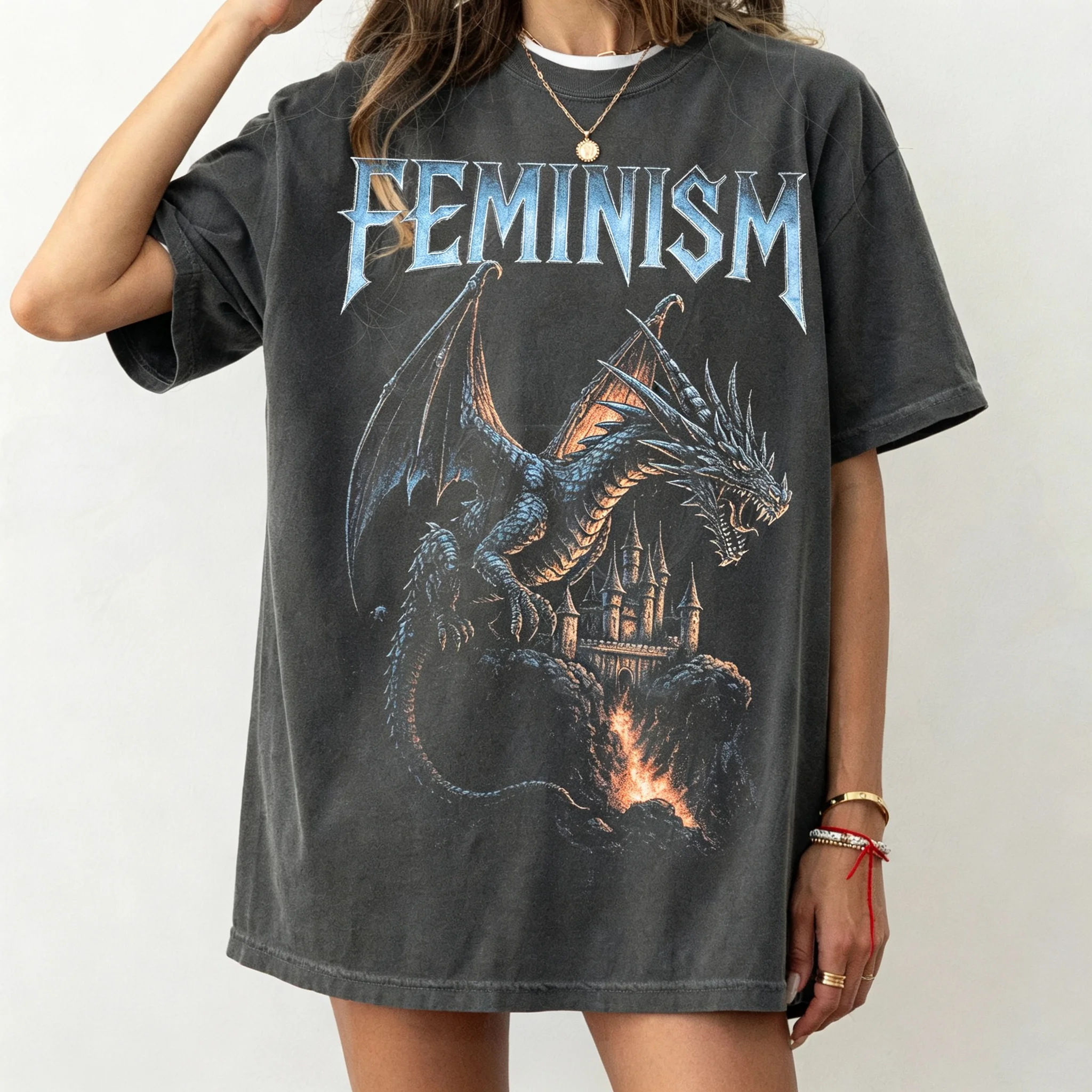 Feminism Dragon T Shirt Gothic Fantasy Castle Graphic Tee Feminist Empowerment Retro Vintage Acid Wash  Aesthetic Unisex Tshirt