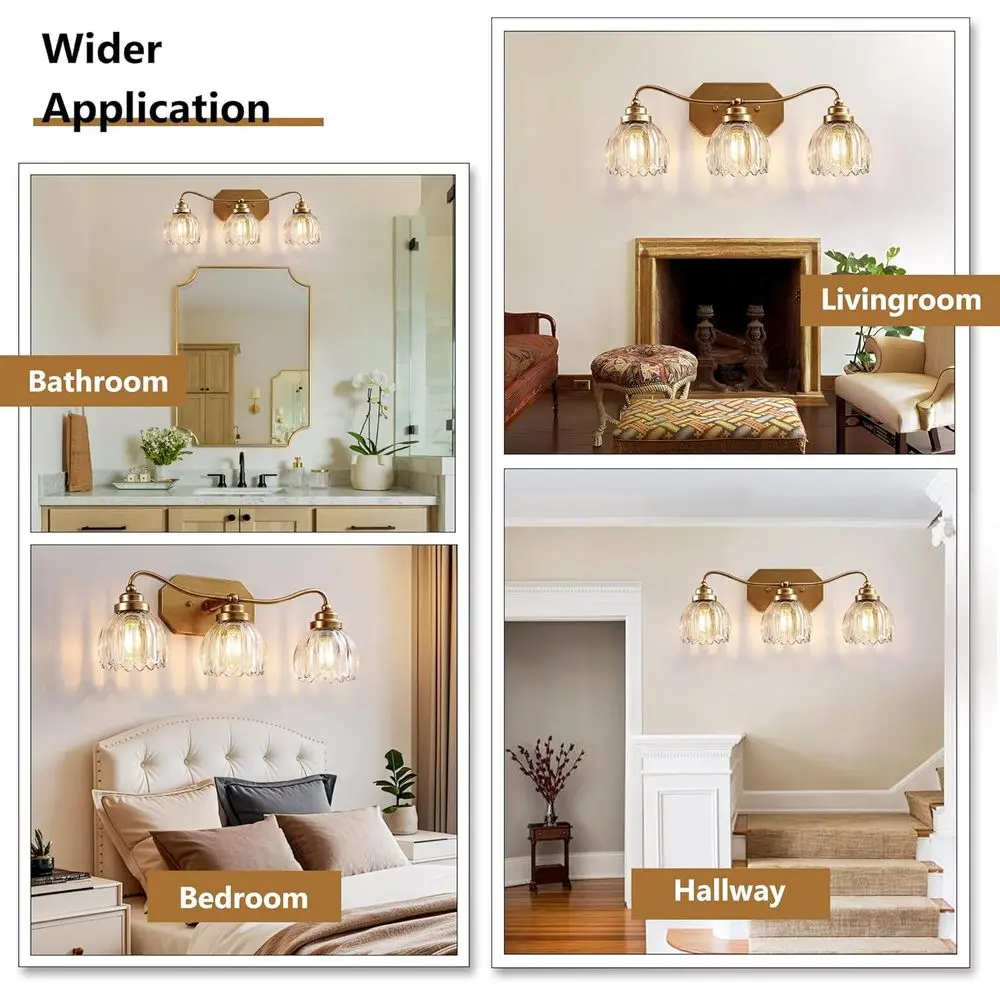 Настенные бра из античной латуни с 3 лампами и хрустальными абажурами для винтажной ванной комнаты, туалетного столика и гостиной