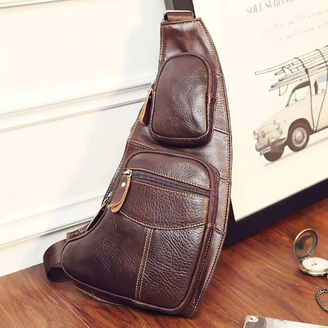 Vintage Leather Sling Bag Bags for Men Women Backpack Shoulder Messenger Crossbody Chest Pack Daypack