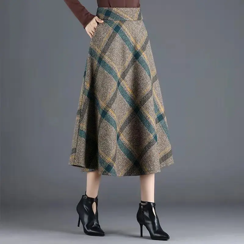 New Autumn Winter Thin Skirts Vintage Fashion Loose Printing Plaid High Waist Office Lady Simplicity Elegant Women's Clothing