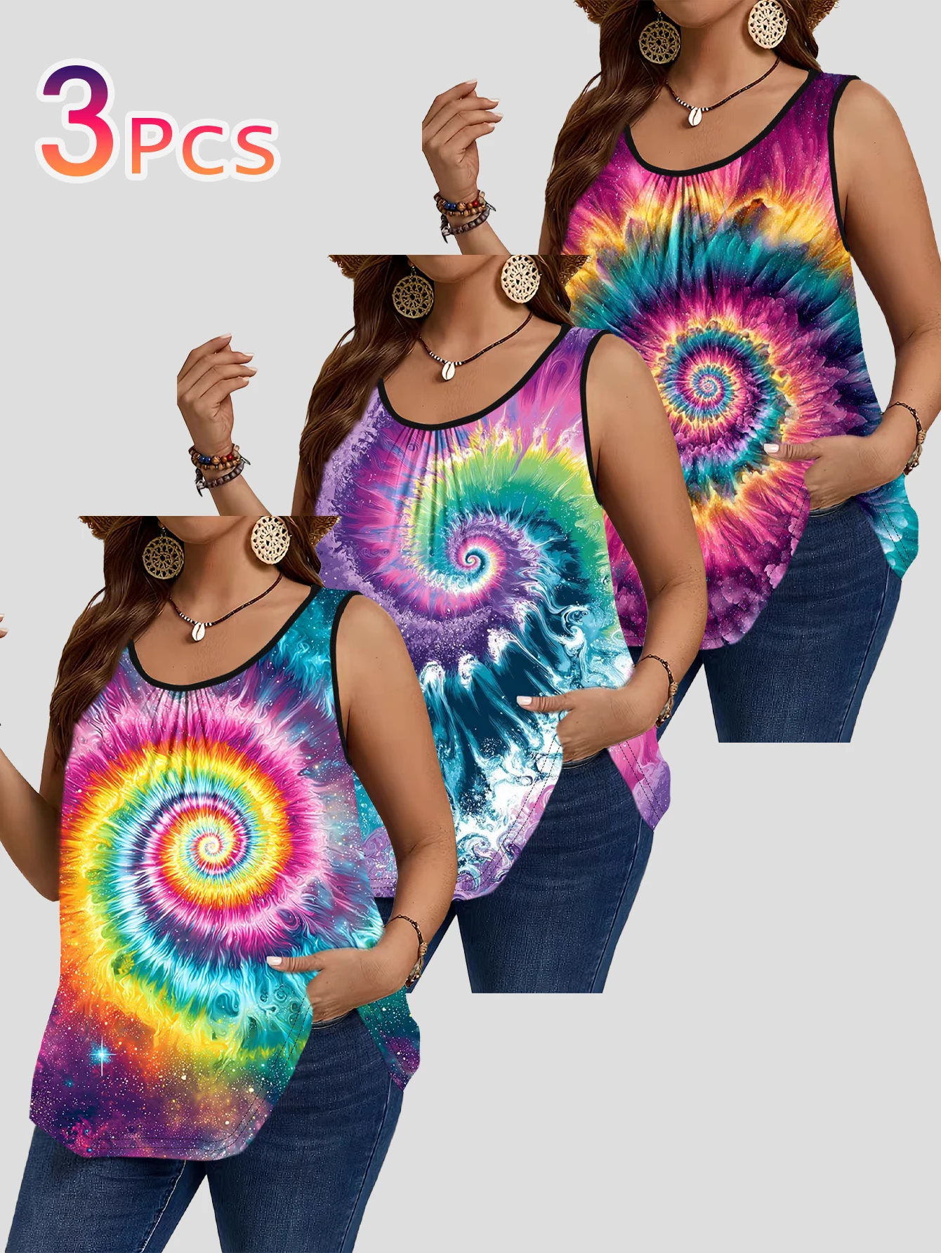 3-Piece Set of Plus-Size Sleeveless Vests｜Rainbow Spiral Tie-Dye Psychedelic Starry Sky Art Print Loose-Fitting Round-Neck Casual Outerwear Top