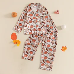 Kids Girls Thanksgiving Pajama Sets Long Sleeve Lapel Pumpkin Pie/Pumpkin Print Shirt Pants Fall Satin Sleepwear