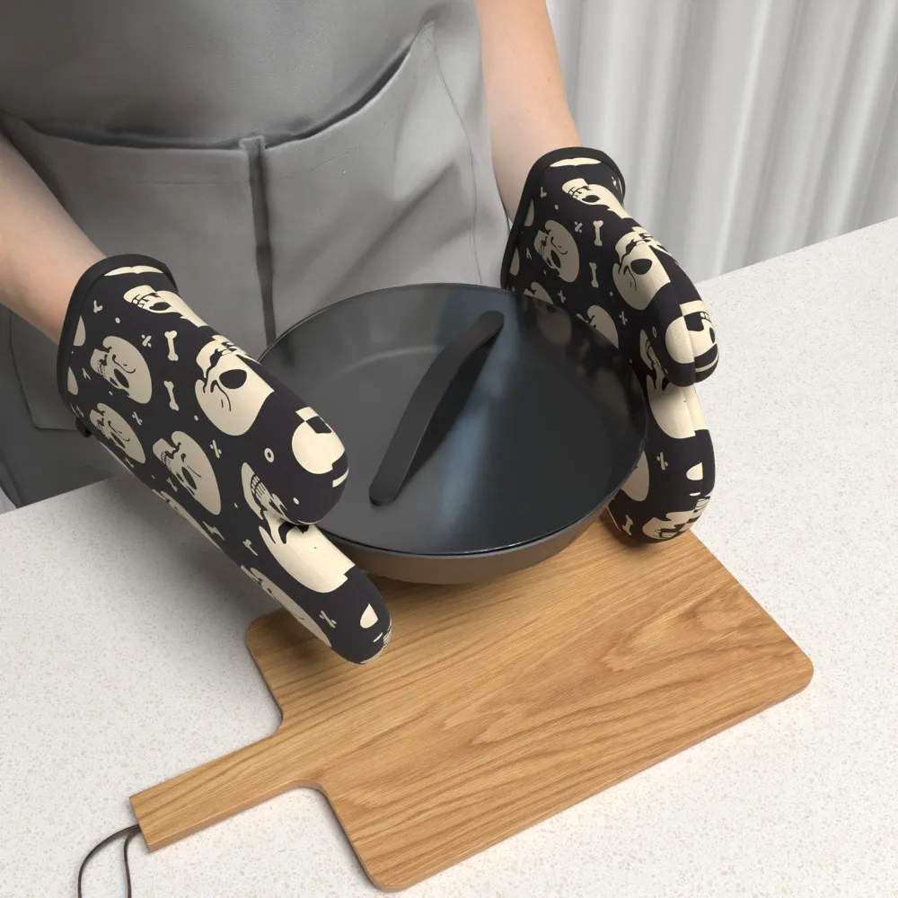 2pcs Heat-Resistant Non-Slip Oven Mitts Suitable for Kitchen, Grilling, Baking Gothic Punk Style Skull Oven, Machine Washable