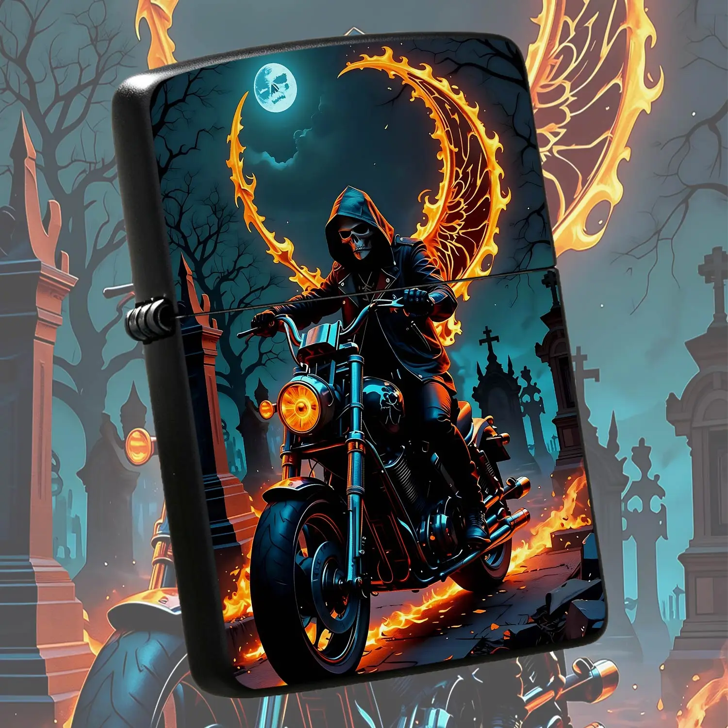 Stylish Grim Reaper Biker Themed Lighter, Spooky Dark Cemetery Moonlit Flame Design, Fits All Daily Scenarios, Great For Personal, Unique Present Choice With Cool Aesthetic, No Extra Hassle For Daily Use, Eye Catching De A Humorous And Inte