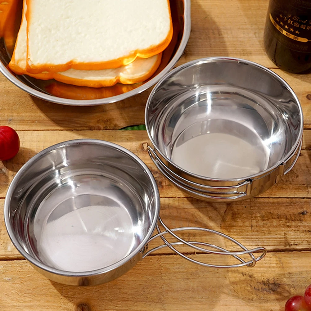 

Stainless Steel Camping Bowl Foldable Travel Tableware Set Outdoor Cooking Tool Picnic BBQ Mesh Bag Easy Storage Durable