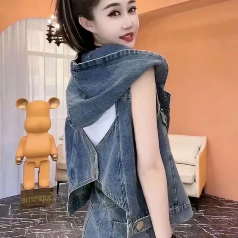 Vintage Denim Skirts Suits Two Pieces Y2k Dress Sets Women Denim Vest Mini Skirt Women Clothing Trends Hoodies Tops Hooded Vests