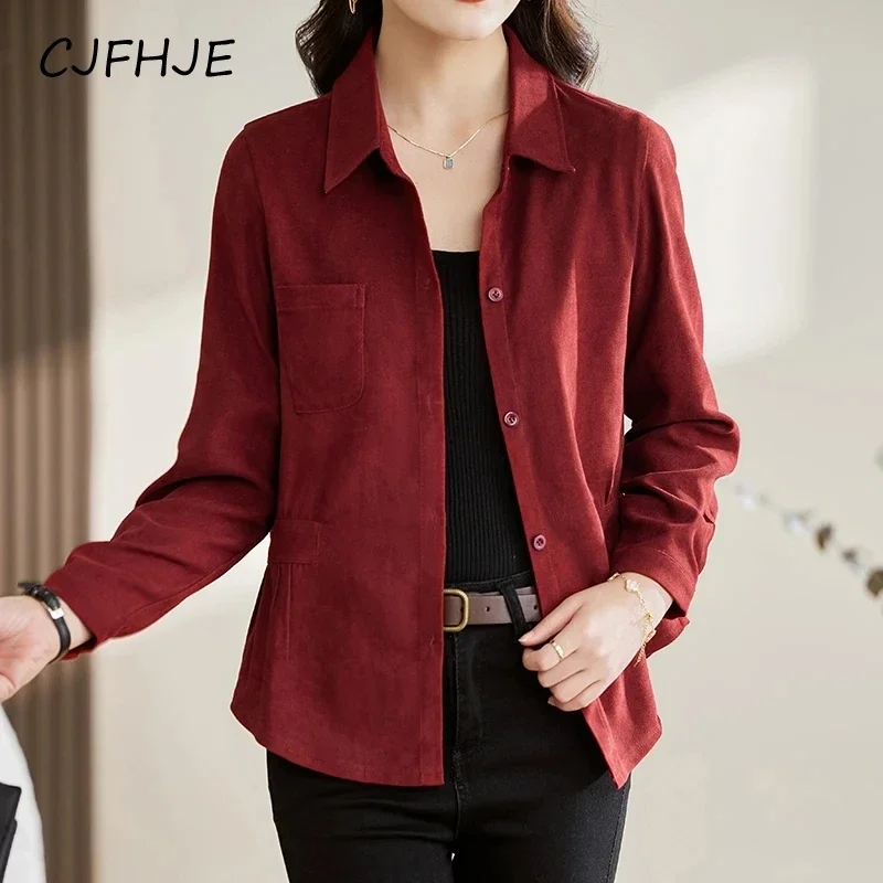 

CJFHJE Slim Plain Shirts Women Spring Autumn Long Sleeve Turn-Down Collar Single-Breasted Wine Red Tops Blouse Button Up Shirts