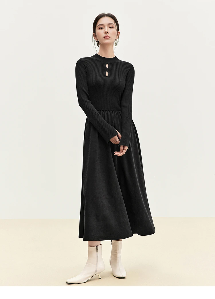 

SENTUBILA Hollow Out Spliced Dresses for Women 2024 Autumn Half Hight Collar Retract Waist A Line French Black Dress 743L56797