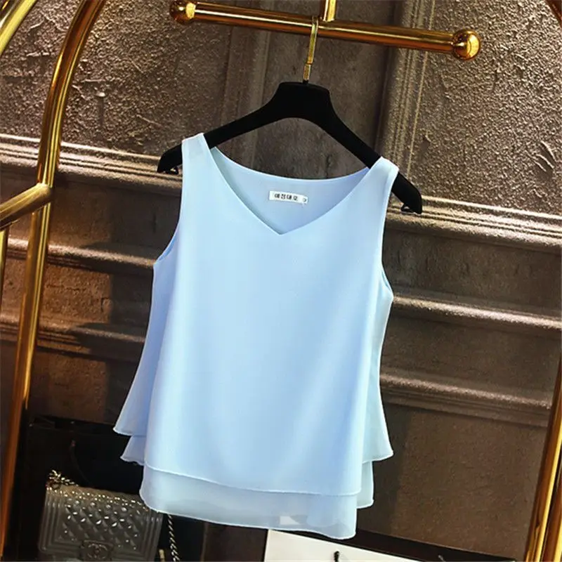 2024 Fashion Brand Women\'s Blouse Tops Summer Sleeveless Chiffon Shirt Solid V-neck Casual Blouse Oversize 5XL Loose Female Top