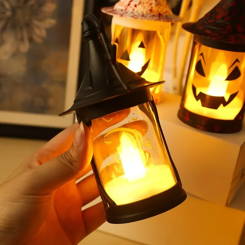 Lampu lilin Halloween, topi ajaib labu horor, lampu lilin elektronik genggam, dekorasi suasana rumah hantu Pesta Halloween