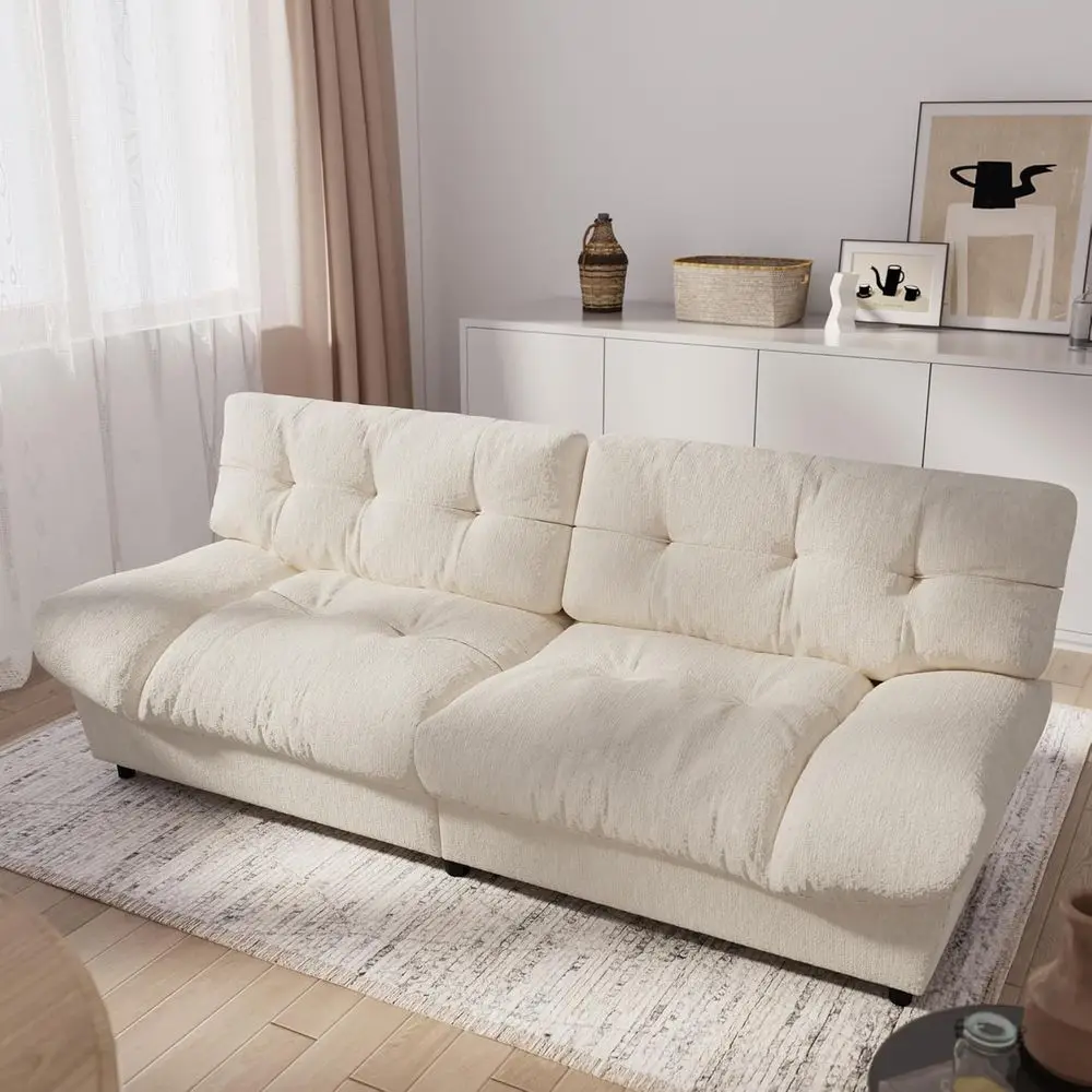 

Oversized Chenille Sofa with Pillows for Small Spaces, Deep Seating Loveseat, Beige White